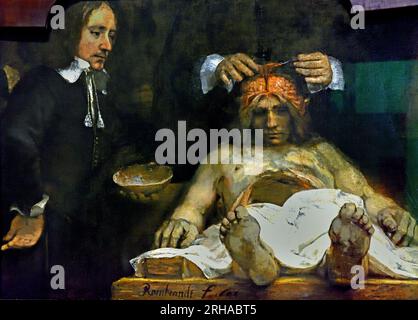 Die Anatomiestunde von dr. Jan Deijman ( Fragment ) 1656 Rembrandt Harmenz van Rijn 1606 - 1669 Niederländisch, Niederlande, Holland. (Detail) Rembrandts zweite Anatomiestunde ist ein Fragment eines Gruppenporträts. 1723 wurde der größte Teil der Leinwand durch einen Brand zerstört. Der übrige mittlere Abschnitt zeigt Dr. Jan Deijman, wie er eine Autopsie an einem Hirn eines toten Mannes durchführt. Die Assistentin hält den Schädel oben. Rembrandt hat den toten Mann in einer Verkürzung dargestellt, so dass der Seziertisch aus dem Bild herausragen scheint. Stockfoto