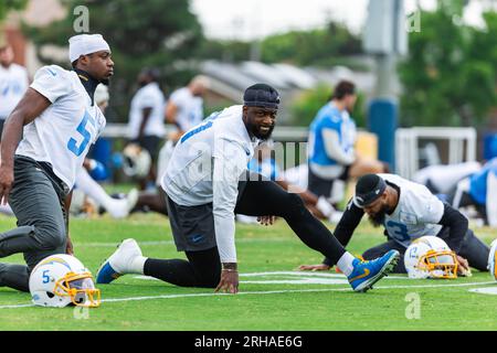 Mike Williams, Empfänger der Los Angeles Chargers (81) während des Trainingslagers im Jack Hammett Sports Complex, Montag, 14. August 2023, in Costa Mesa, Calif. (Louis Chen/Image of Sport) Stockfoto