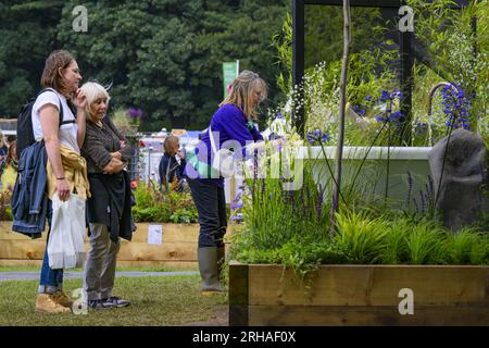 Besucher sehen das Wasserbad (Gewinner des Wettbewerbs für Gartenhochbeete) - RHS Tatton Park Flower Show 2023 Showground, Cheshire, England, Großbritannien. Stockfoto