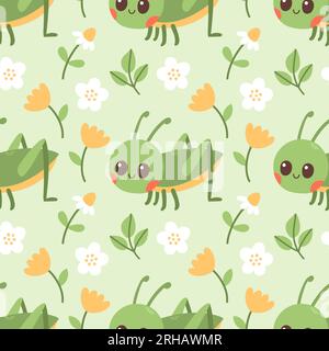 Nahtlose Darstellung von Grashüpfer, Blumen und grünem Blatt auf grünem Hintergrund. Stock Vektor