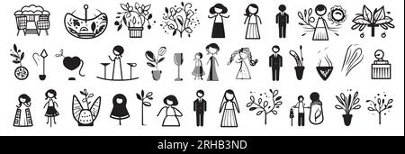 Symbolblatt für Hochzeitsvektoren im Doodle-Stil Stock Vektor