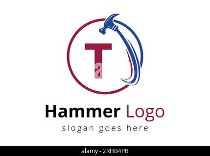 Letter T Hammer Logo Concept for Construction, Woodworking Company Repair Symbol Vector Template. Modernes Vektorlogo für Bauunternehmen, und Stock Vektor