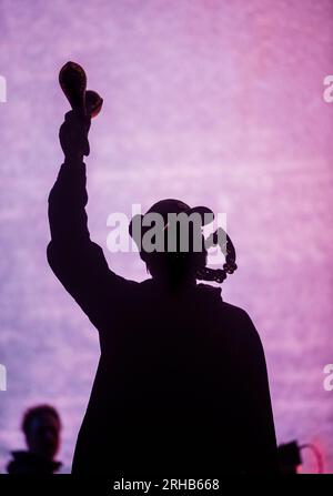 Der ehemalige Frontmann Liam Gallagher aus der Oase trat live auf der Hauptbühne des Boardmasters 2023 in Newquay, Cornwall, auf Stockfoto