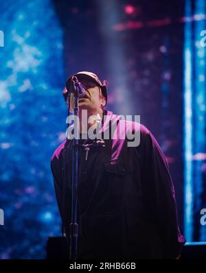 Der ehemalige Frontmann Liam Gallagher aus der Oase trat live auf der Hauptbühne des Boardmasters 2023 in Newquay, Cornwall, auf Stockfoto