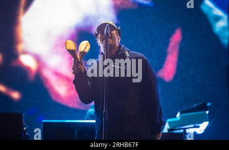 Der ehemalige Frontmann Liam Gallagher aus der Oase trat live auf der Hauptbühne des Boardmasters 2023 in Newquay, Cornwall, auf Stockfoto