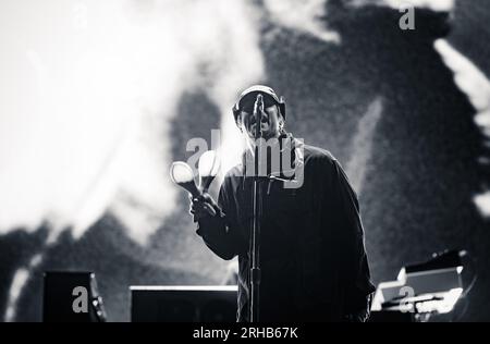 Der ehemalige Frontmann Liam Gallagher aus der Oase trat live auf der Hauptbühne des Boardmasters 2023 in Newquay, Cornwall, auf Stockfoto