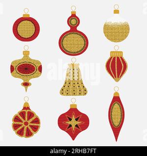 Weihnachtsbaum Spielzeugkollektion. Festliche Dekoration im Retro- und Glitzerstil. Vektor-isolierte Darstellung Stock Vektor