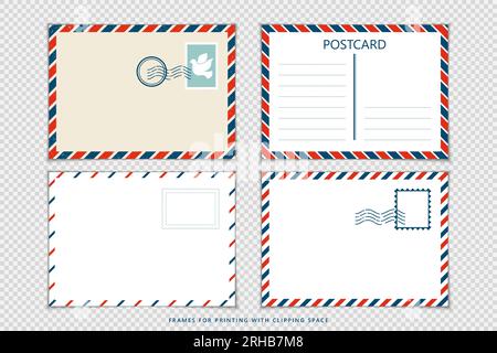 Einfache Postkarten. Grüße Postkartenvektorvorlage. Postkarte, Vintage-Briefmarke, Poststempel, Luftpost im alten Stil. Stock Vektor