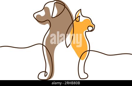 Tiersymbol mit Katzen- und Hundeprofilen. Continouos einzeilige Zeichnung. Stock Vektor