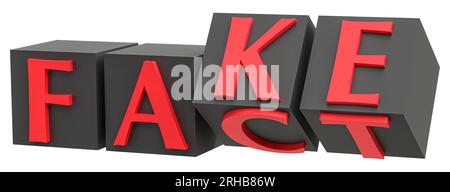 Würfel mit Buchstaben werden umgedreht, und die Wörter ändern sich von FAKT zu FAKE. Isoliert auf weiß Stockfoto
