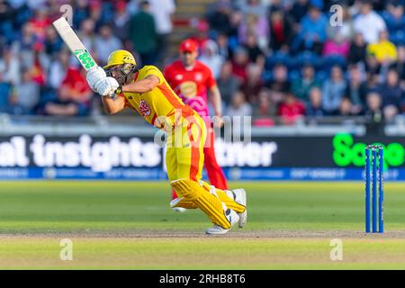 Sophia Gardens, Cardiff, Großbritannien. 14. Aug. 2023. The Hundert Mens Cricket, Welsh Fire gegen Trent Rockets; Trent Rockets Daniel Sams im Batting. Kredit: Action Plus Sports/Alamy Live News Stockfoto