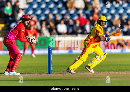 Sophia Gardens, Cardiff, Großbritannien. 14. Aug. 2023. The Hundert Mens Cricket, Welsh Fire gegen Trent Rockets; Trent Rockets Samit Patel im Batting. Kredit: Action Plus Sports/Alamy Live News Stockfoto