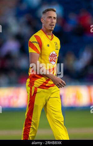 Sophia Gardens, Cardiff, Großbritannien. 14. Aug. 2023. The 100 Mens Cricket, Welsh Fire gegen Trent Rockets; Trent Rockets Luke Wood Credit: Action Plus Sports/Alamy Live News Stockfoto