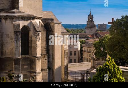 Blick vom Dom Garten mit Blick auf den Glockenturm des Rathauses. Vaucluse, Provence, Frankreich, Europa. Stockfoto