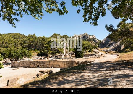 Restaurierte Säulen des korinthischen Doppeltempels im ersten Forum Romanum. Saint Remy de Provence, Bouches du Rhone, Provence, Frankreich Stockfoto