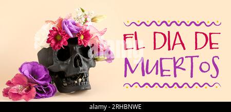 Banner für Mexikos Tag der Toten (El Dia de Muertos) mit menschlichem Schädel und Blumen Stockfoto