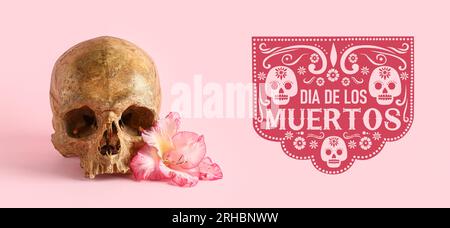 Banner für Mexikos Tag der Toten (El Dia de Muertos) mit menschlichem Schädel und Blume Stockfoto