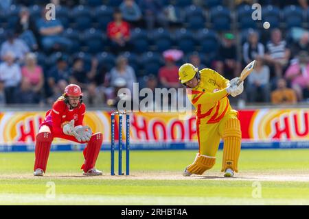 14. August 2023; Sophia Gardens, Cardiff, Wales: The 100 Womens Cricket, Welsh Fire versus Trent Rockets; Trent Rockets Women's Lizelle Lee erreicht eine Grenze. Stockfoto