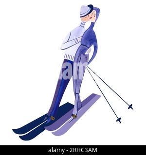 Skifahrer in Wasserfarben in blauem Pullover. Einsame Winterdarstellung. Sport. Clipart (Clipart). Rasterdarstellung für Resort und Stockfoto