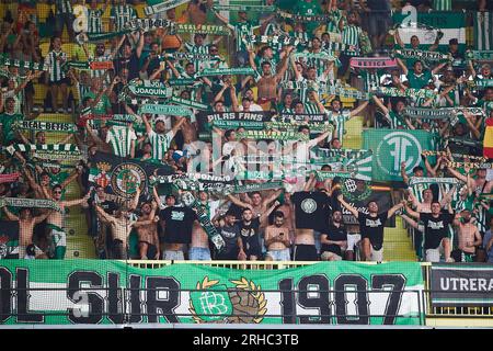 Echte Betis-Fans während des LaLiga-Spiels zwischen Villarreal CF und Real Betis im Ceramica Stadium am 13. August 2023 in Villarreal, Spanien. Stockfoto