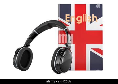 Englischsprachiges Lehrbuch mit Kopfhörern. Lernen Sie Englisch, Kurse. 3D-Rendering isoliert auf weißem Hintergrund Stockfoto