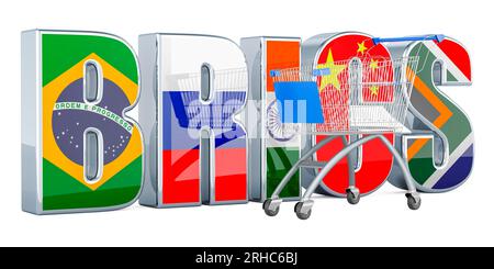 BRICS-Gipfel mit Warenkorb, 3D-Rendering isoliert auf weißem Hintergrund Stockfoto