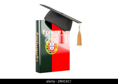 Portugiesisches Lehrbuch mit Graduierungsoberteil. Lernen Sie Portugiesisch, Kurse. 3D-Rendering isoliert auf weißem Hintergrund Stockfoto