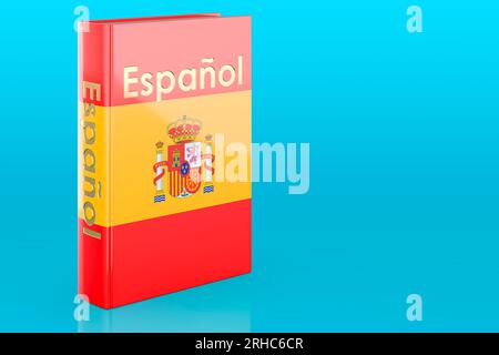 Spanischkurs. Spanischsprachiges Lehrbuch auf blauem Hintergrund. 3D-Rendering Stockfoto