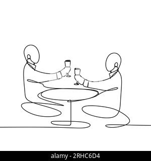 Eine Strichzeichnung von Cheers, die zwei Personen mit Bourbon-Wein-Getränk in der Party-Nacht nach der Arbeit umklappert, Vektordarstellung. Stock Vektor