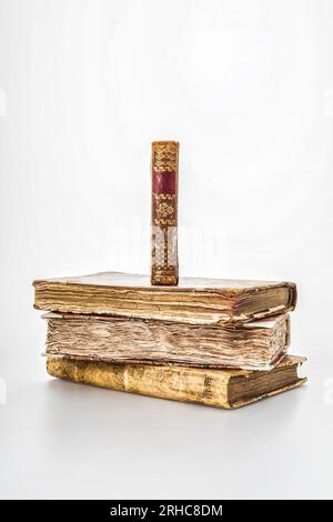 Alte Bücher aus vergangenen Jahrhunderten, übereinander gestapelt, alle mit faszinierend getragenen Ledereinbänden, die Geschichten erzählen. Abenteuer, Essays, Kultur. Lesen Sie einmal Stockfoto