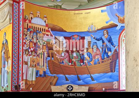 Ein Wandgemälde mit Peter dem Großen in der serbisch-orthodoxen Kirche des Heiligen Alexander Newski in Belgrad Stockfoto