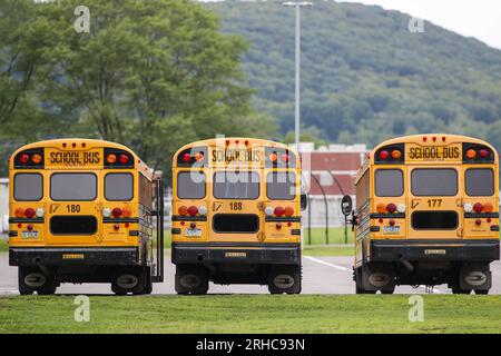 Bloomsburg, Pennsylvania, USA. 15. Aug. 2023. Schulbusse werden an der Bloomsburg High School geparkt, da viele Schulbezirke in Pennsylvania einen Mangel an Schulbusfahrern erleben. (Credit Image: © Paul Weaver/SOPA Images via ZUMA Press Wire) NUR ZUR REDAKTIONELLEN VERWENDUNG! Nicht für den kommerziellen GEBRAUCH! Stockfoto