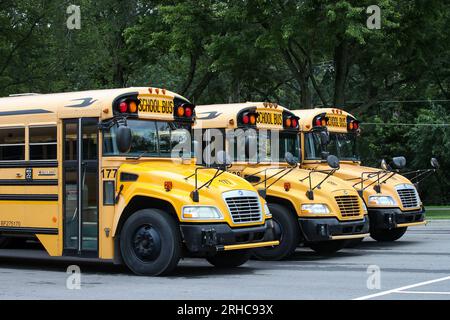 Bloomsburg, Pennsylvania, USA. 15. Aug. 2023. Schulbusse werden an der Bloomsburg High School geparkt, da viele Schulbezirke in Pennsylvania einen Mangel an Schulbusfahrern erleben. (Credit Image: © Paul Weaver/SOPA Images via ZUMA Press Wire) NUR ZUR REDAKTIONELLEN VERWENDUNG! Nicht für den kommerziellen GEBRAUCH! Stockfoto
