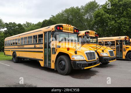 Bloomsburg, Pennsylvania, USA. 15. Aug. 2023. Schulbusse werden an der Bloomsburg High School geparkt, da viele Schulbezirke in Pennsylvania einen Mangel an Schulbusfahrern erleben. (Credit Image: © Paul Weaver/SOPA Images via ZUMA Press Wire) NUR ZUR REDAKTIONELLEN VERWENDUNG! Nicht für den kommerziellen GEBRAUCH! Stockfoto