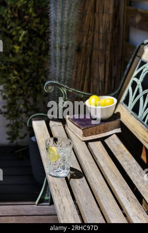 Ein klargeschnittenes Glas mit einer Zitronenscheibe auf einer Holzbank auf einer Terrasse Stockfoto
