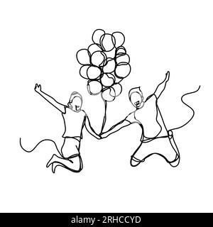 Fortlaufende Linienzeichnung eines jungen Paares, das mit Ballon springt. Romantisches Konzept mit minimalistischem Design. Gut für valentinstag oder Posterbanner Vector i Stock Vektor