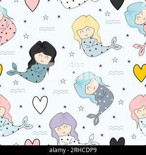 Nahtloses kindliches Muster mit süßen Meerjungfrauen farbenfrohes Sommerdesign. Trendige Unterwasservektor-Textur. Perfekt für Stoff, Textil, Wrap Stock Vektor