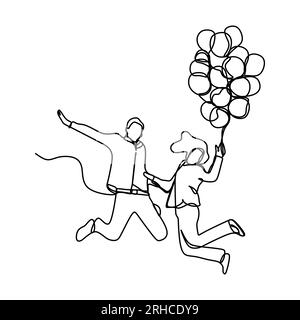 Fortlaufende Linienzeichnung eines romantischen Paares mit Ballon, der läuft und springt. Minimalistisches Design, Vektordarstellung. Stock Vektor