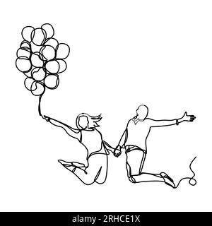 Durchgehende Linienzeichnung eines glücklichen Paares mit isolierten Ballons auf weißem Hintergrund, Vektordarstellung Stock Vektor