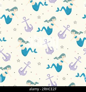 Nahtloses kindliches Muster mit süßen Meerjungfrauen farbenfrohes Sommerdesign. Trendige Unterwasservektor-Textur. Perfekt für Stoff, Textil, Wrap Stock Vektor