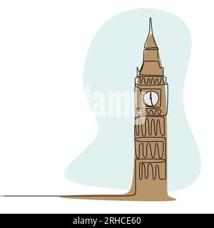 London City of Westminster Big Ben Uhrenturm mit durchgehenden Linien, minimalistischer Stil mit Farbvektordarstellung. Stock Vektor