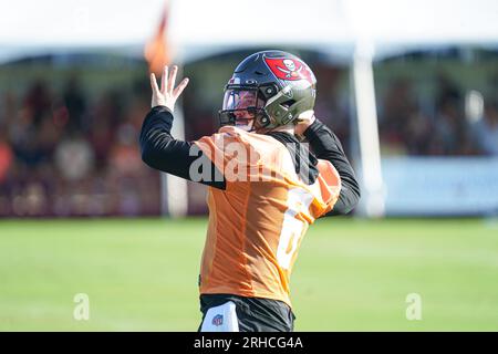 Tampa, Florida, USA, 14. August 2023, Tampa Bay Buccaneers Quarterback Baker Mayfield #6 während eines Trainingscamps im Advent Health Training Center. ( Stockfoto