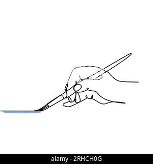 Fortlaufende einzeilige Zeichnung einer Hand, die eine Leinwand oder Papier mit einem Wasserfarbenpinsel malt Stock Vektor