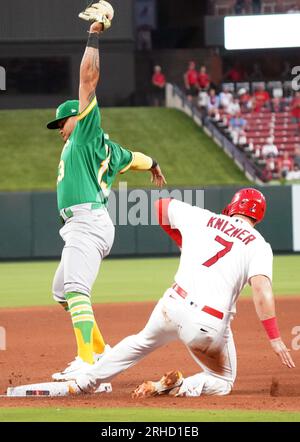 St. Louis, Usa. 15. Aug. 2023. Oakland Athletics dritter Baseman Jordan Diaz nimmt den Wurf vom linken Fielder Tony Kemp und verdoppelt die St. Louis Cardinals Andrew Knizner an der dritten Base, um ein Doppelspiel im vierten Inning im Busch Stadium in St. zu gewinnen Louis am Dienstag, den 15. August 2023. Foto: Bill Greenblatt/UPI Credit: UPI/Alamy Live News Stockfoto