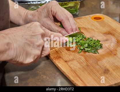 Küchenchef schneidet Kräuter in der Hausküche auf Holzbrett Stockfoto