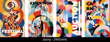 Kreatives Posterset mit Carnival und Auction im Retro-Stil. Festival and Exhibition – klassische Typografie-Design-Kollektion. Plakat mit Werbetext auf farbenfrohem abstraktem Muster. Moderne, trendige Vektorabdeckung Stock Vektor