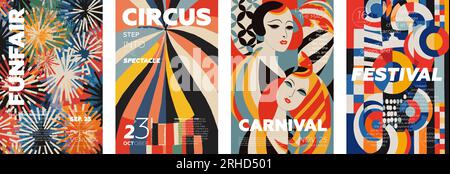 Carnival und Funfair kreatives Retro-Art-Poster-Set. Zirkus und Festival – klassische Typografie-Design-Kollektion. Plakat mit Werbetext auf farbenfrohem abstraktem Muster. Vector eps modernes, trendiges Cover Stock Vektor