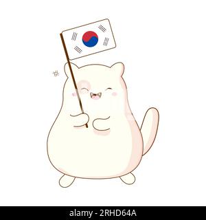 Süße koreanische Kawaii-Katze mit einer Flagge. Vektordarstellung isoliert auf weißem Hintergrund Stock Vektor