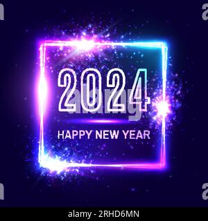 Happy New Year 2024 Neonlicht quadratischer Rahmen. Stock Vektor