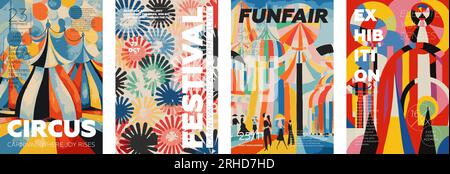 Circus and Festival – kreatives Retro-Kunstposter-Set. Kollektion mit Jahrmarkt- und Ausstellungsdesign im Vintage-Stil. Plakat mit Werbetext auf farbenfrohem abstraktem Muster. Vector Modern, trendige Hülle Stock Vektor